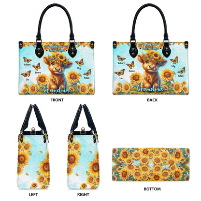 Love Being Called Grandma Highland Cow Sunflower - Personalized Leather Handbag