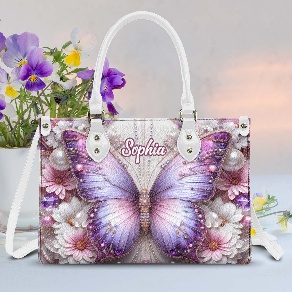 Floral Butterflies - Personalized Butterfly Leather Handbag