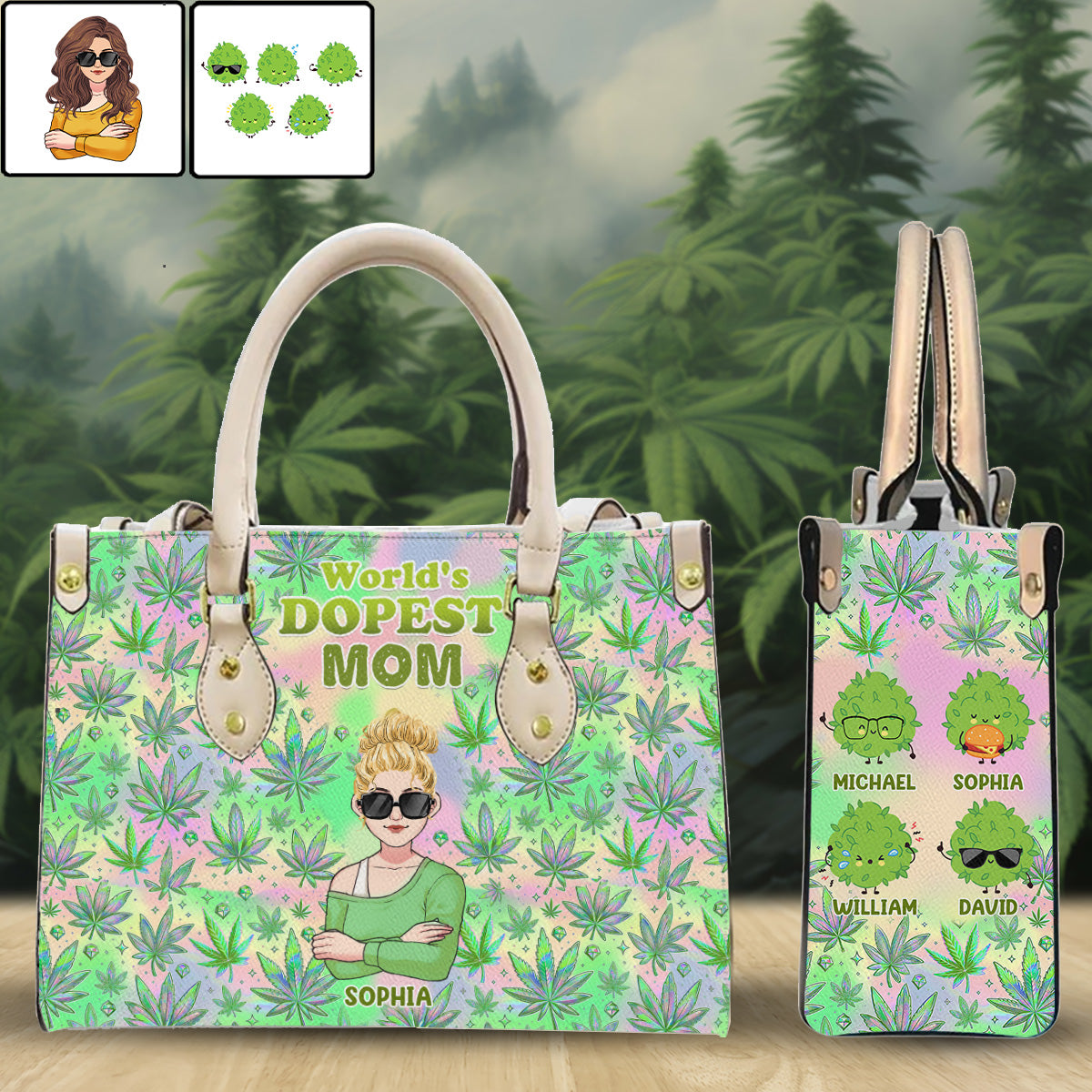 Mommy's Little Buds Dopest Mom Ever Any Title - Personalized Weed Leather Handbag
