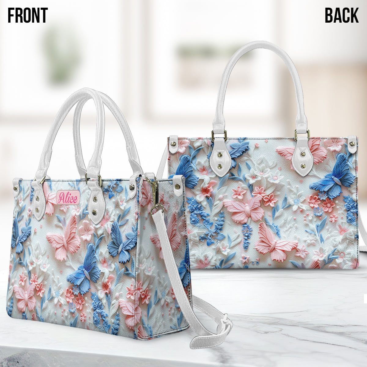 Pink And Blue Butterflies - Personalized Butterfly Leather Handbag