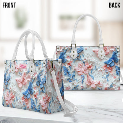Pink And Blue Butterflies - Personalized Butterfly Leather Handbag