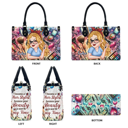 I Became A Hairstylist Because Your Beauty Is Worth My Time - Personalized Hairdresser Leather Handbag