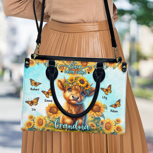 Love Being Called Grandma Highland Cow Sunflower - Personalized Leather Handbag