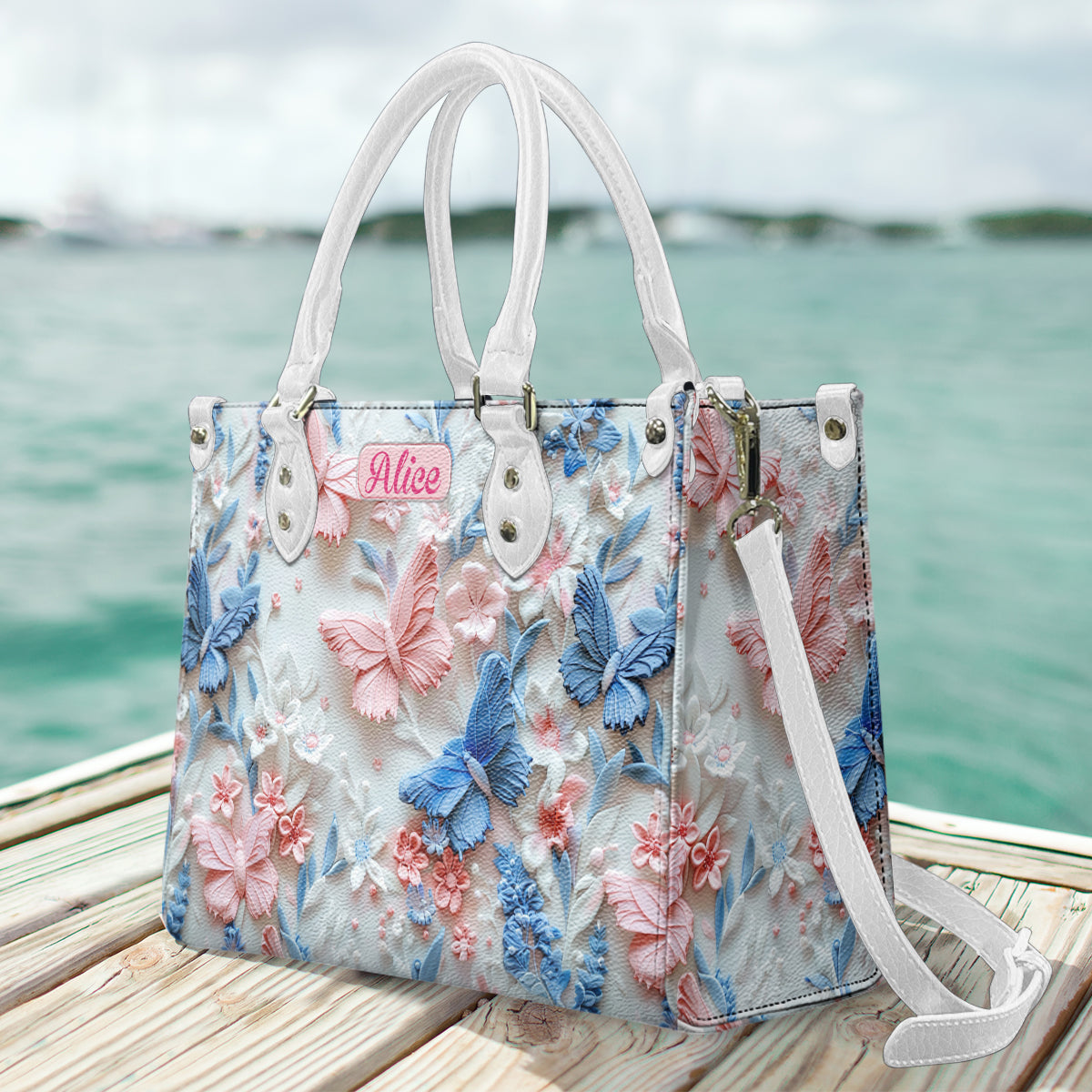 Pink And Blue Butterflies - Personalized Butterfly Leather Handbag