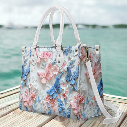 Pink And Blue Butterflies - Personalized Butterfly Leather Handbag