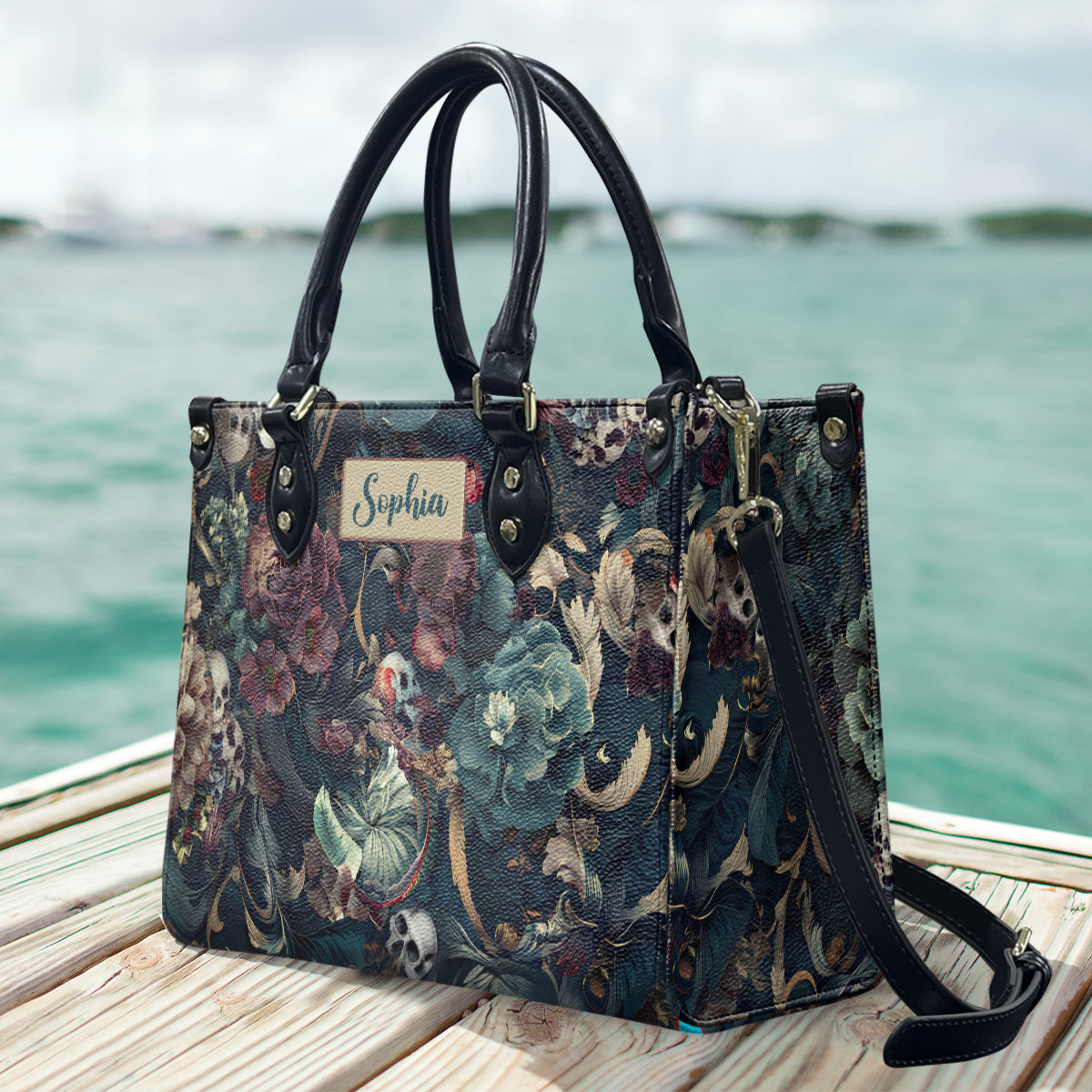 Skull & Flower - Personalized Skull Leather Handbag