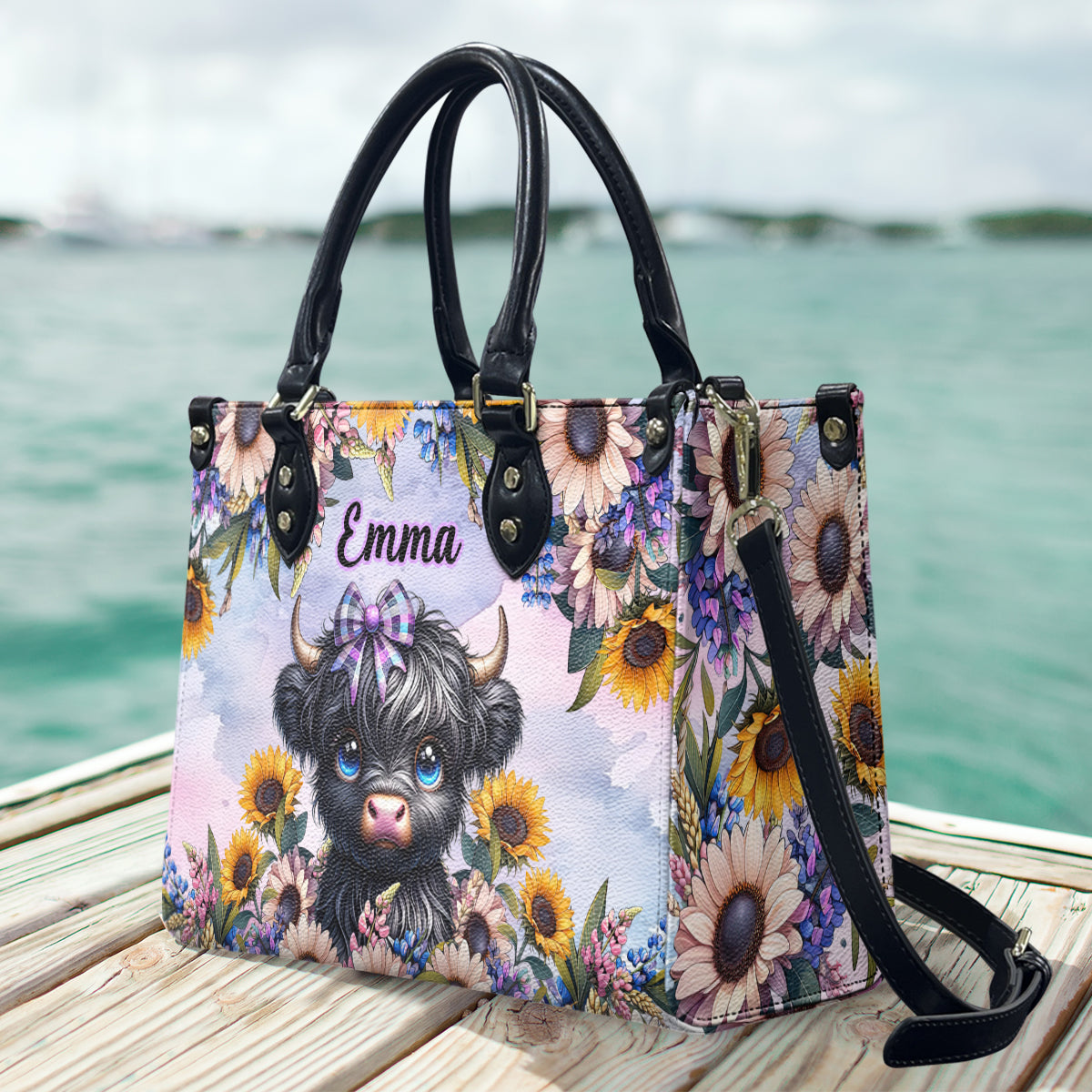 Cute Little Highland Cow - Personalized Leather Handbag