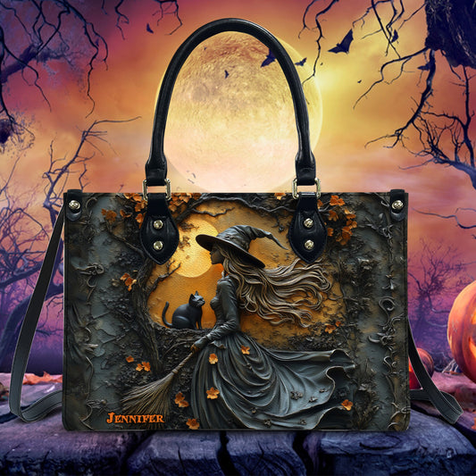 Beautiful Witch & Her Black Cat - Personalized Witch Leather Handbag