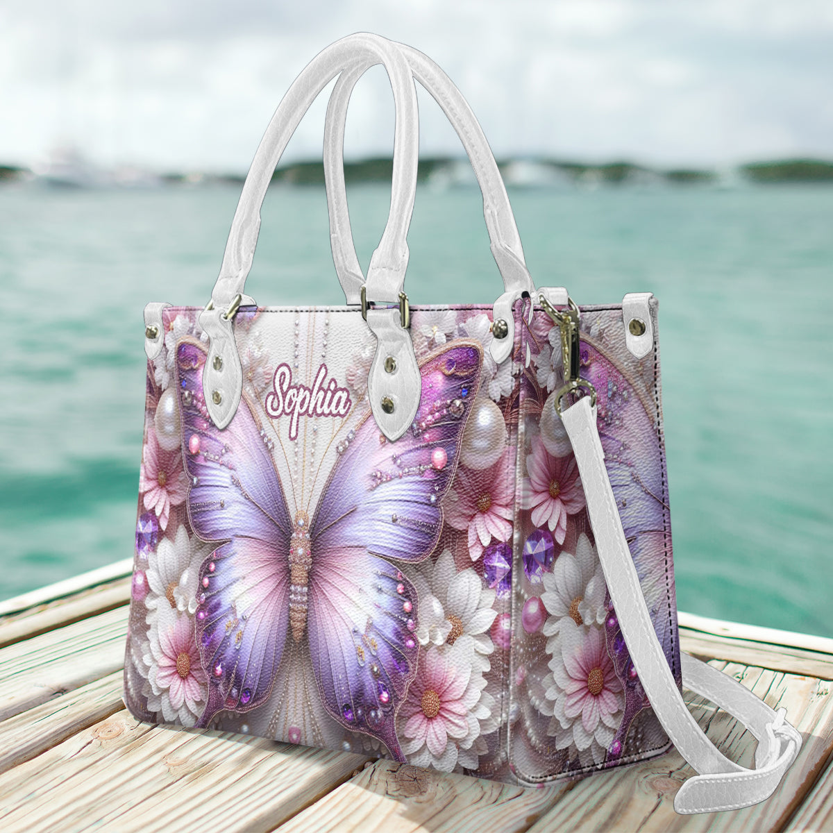 Floral Butterflies - Personalized Butterfly Leather Handbag