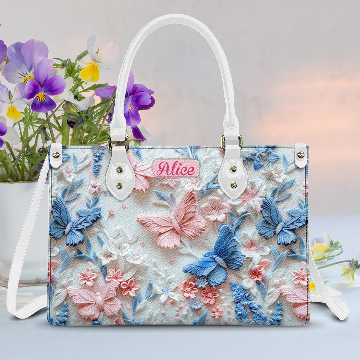 Pink And Blue Butterflies - Personalized Butterfly Leather Handbag