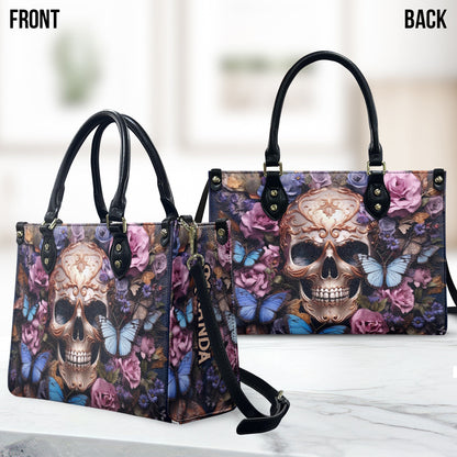 Beauty Of The Dark Skull Roses Butterflies - Personalized Skull Leather Handbag