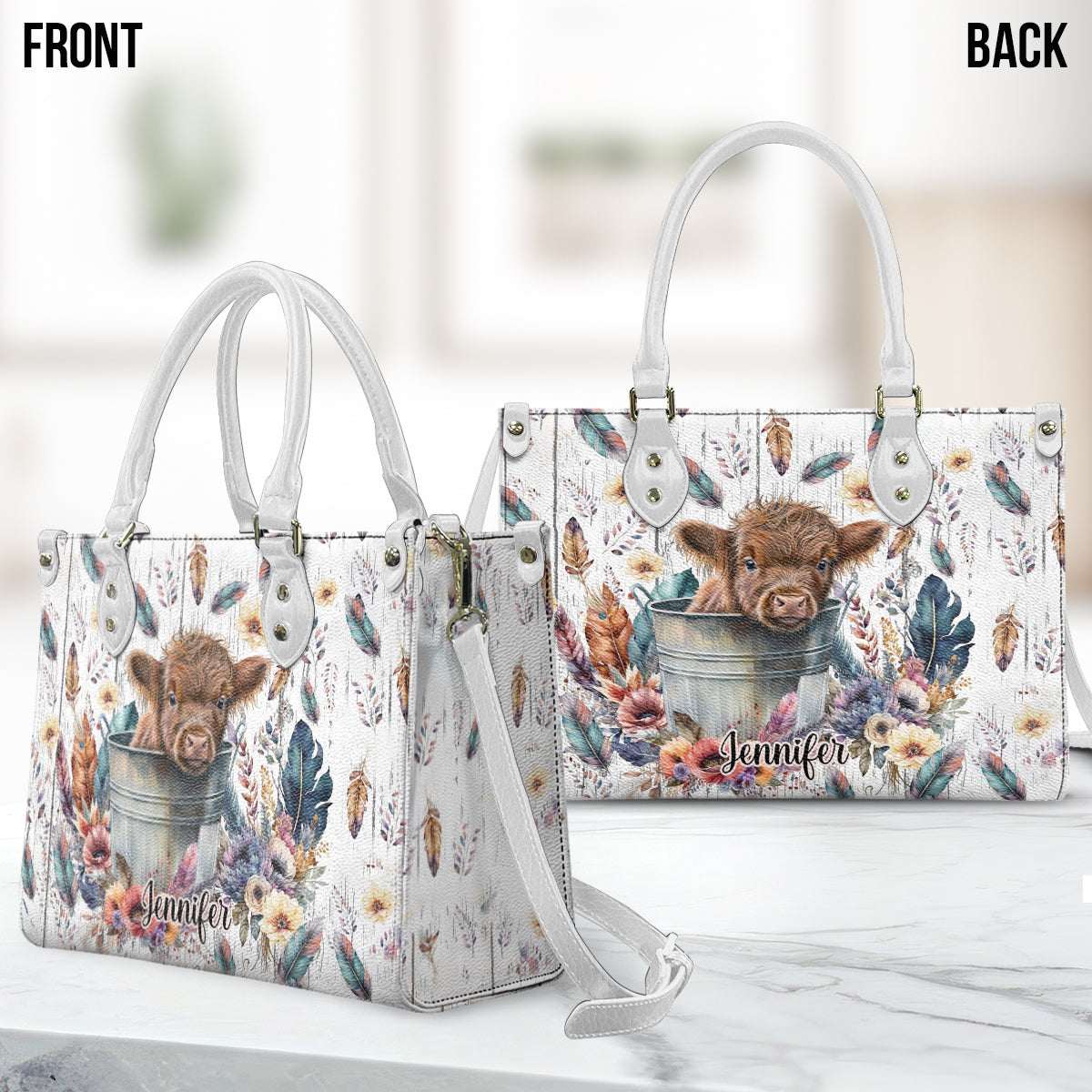 Baby Highland Cow Western Style - Personalized Leather Handbag