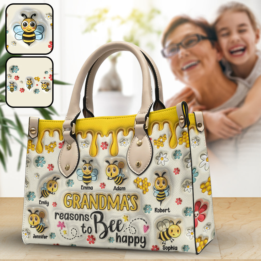 Grandma's Reasons To Bee Happy - Personalized Grandma Leather Handbag