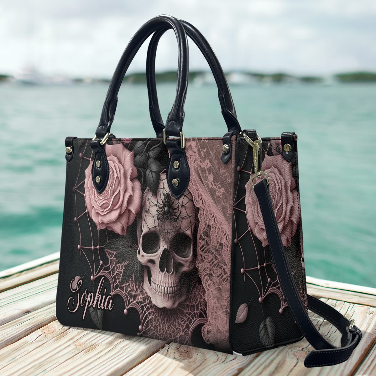 Enchanting Floral & Skull - Personalized Skull Leather Handbag