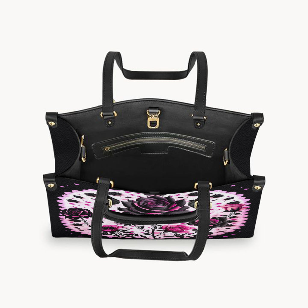 Mother Grandma And Children Black And Pink Roses - Personalized Mother Leather Handbag