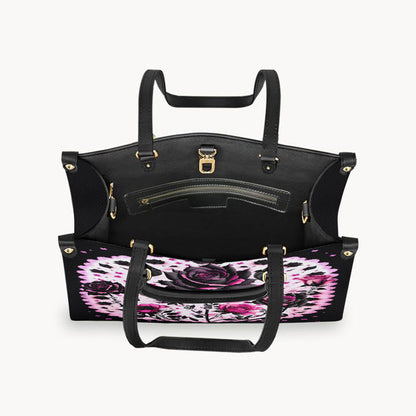 Mother Grandma And Children Black And Pink Roses - Personalized Mother Leather Handbag