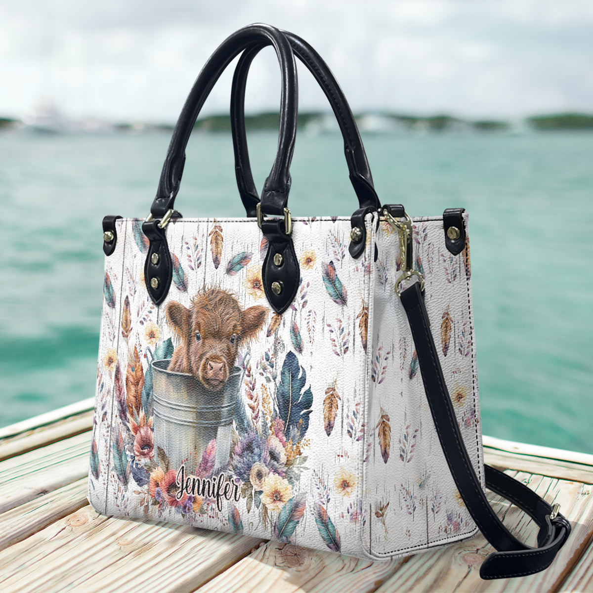 Baby Highland Cow Western Style - Personalized Leather Handbag