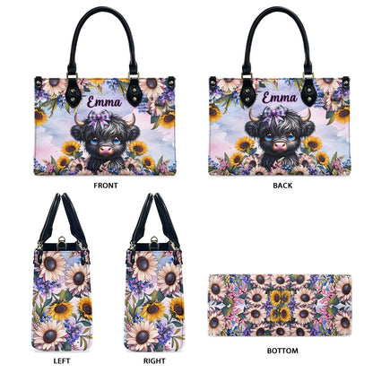 Cute Little Highland Cow - Personalized Leather Handbag