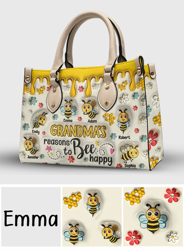 Grandma's Reasons To Bee Happy - Personalized Grandma Leather Handbag