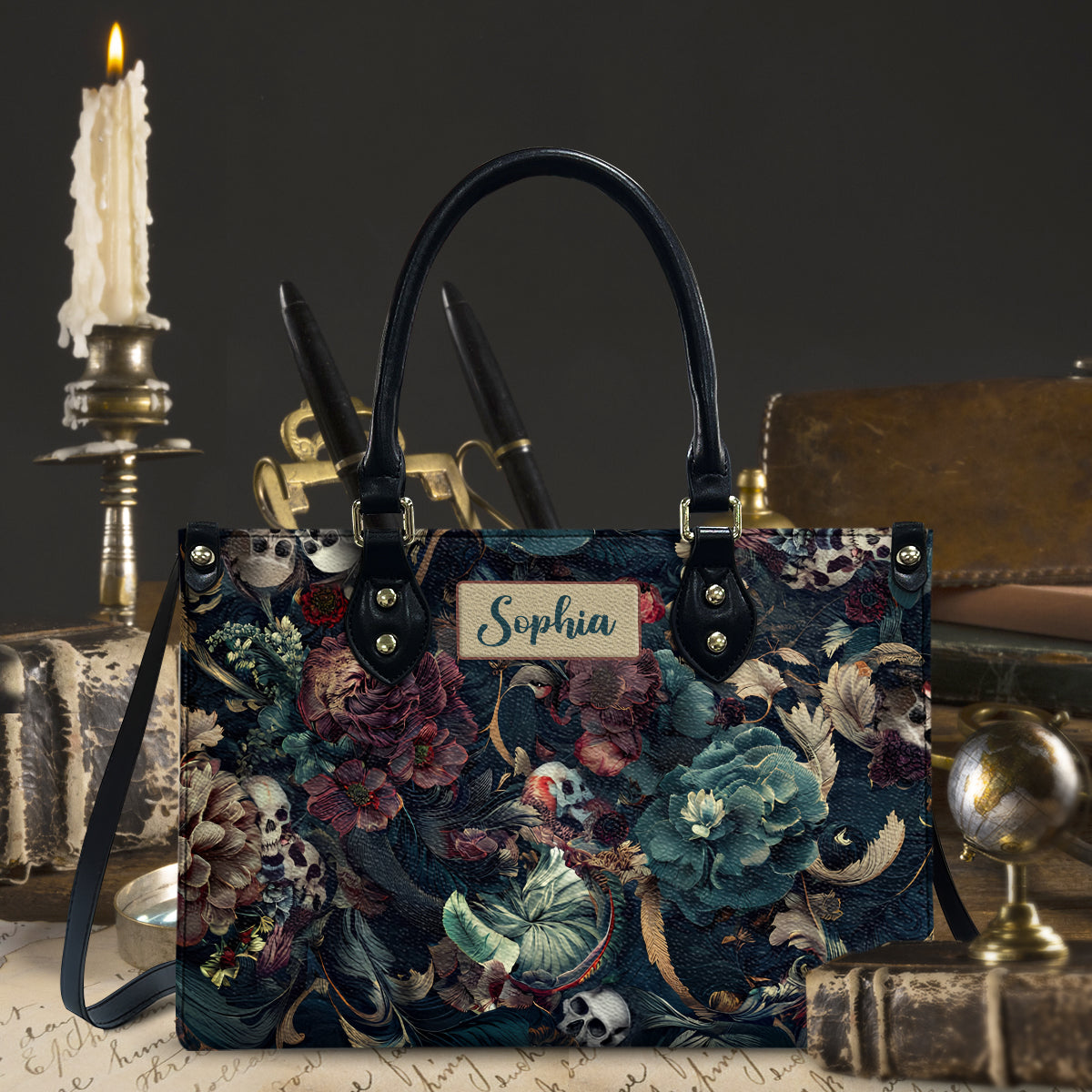 Skull & Flower - Personalized Skull Leather Handbag