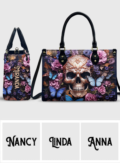 Beauty Of The Dark Skull Roses Butterflies - Personalized Skull Leather Handbag