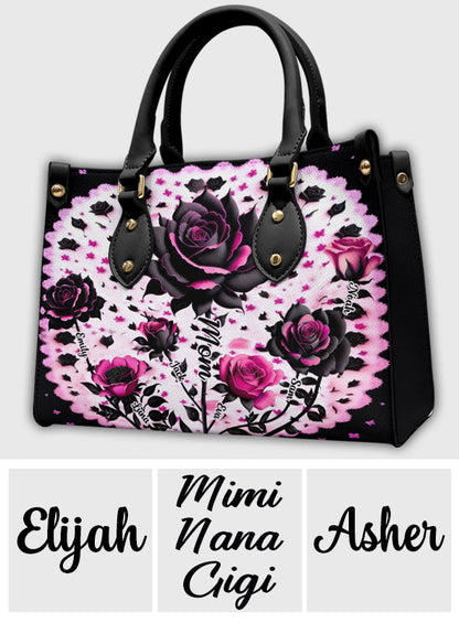 Mother Grandma And Children Black And Pink Roses - Personalized Mother Leather Handbag