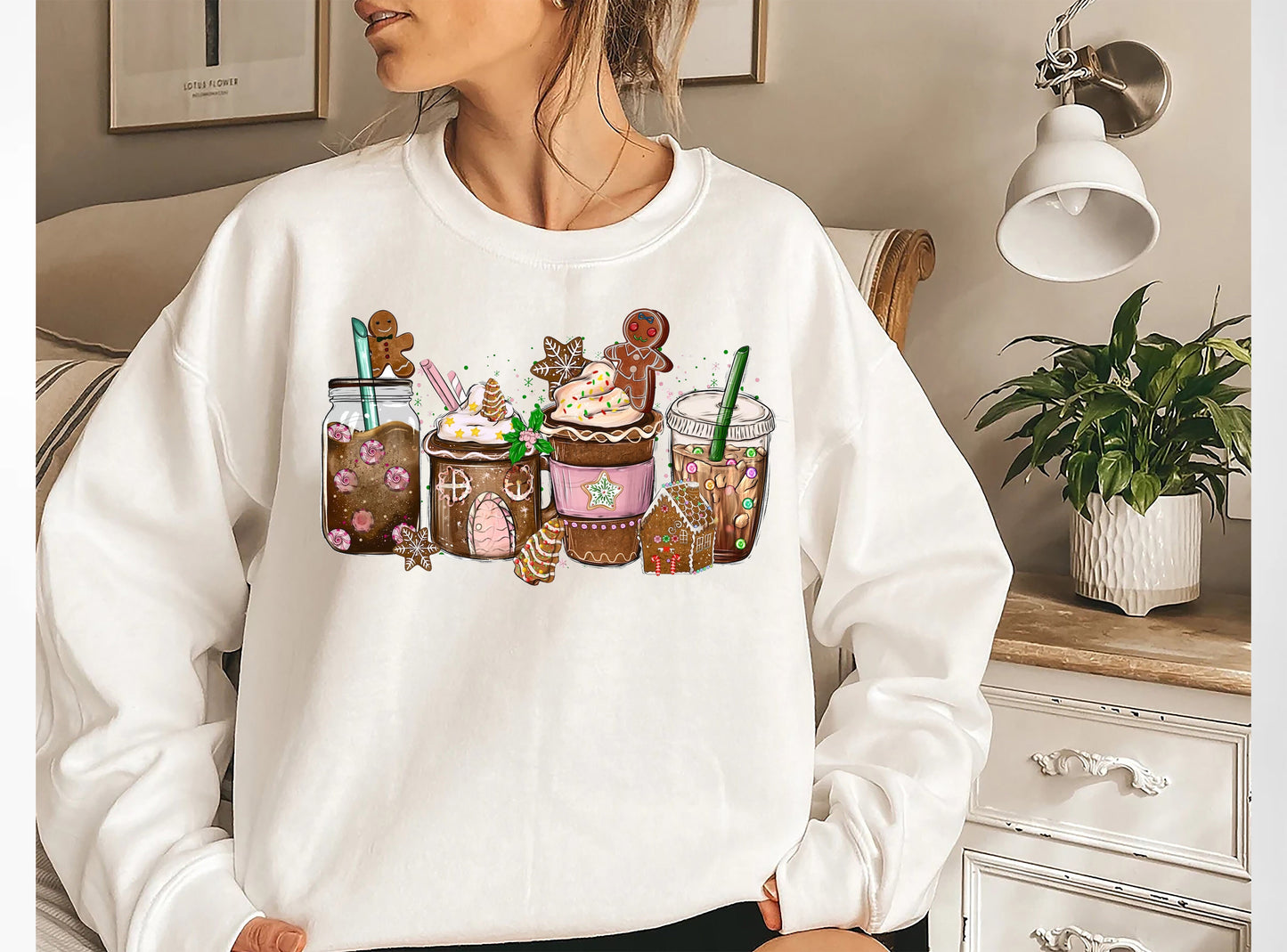 Caife Gingerbread Pink Geansaí Nollag, geansaí Nollag, T-léine Nollag Don Bhronntanas, Bronntanas Nollag