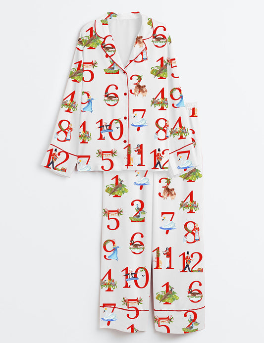 Women’s Twelve Days Of Christmas Long Sleeve Satin Pajama Set