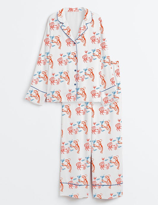 Women’s Lobster Crab Martini Cin Cin Fisherman Aesthetic Summer Coastal Long Sleeve Satin Pajama Set
