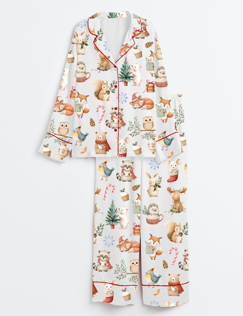 Women’s Woodland Christmas Watercolor Reindeer Bear Hedgehog Holiday Animals Long Sleeve Satin Pajama Set
