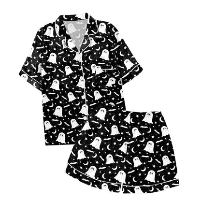 FADAACAI Womens Pajama Sets Women Pajamas Graphic Printed Silk Satin Cute Sleepwear Buttons Short Sleeve Tops Shorts Sets Silk Pajamas For Women Womens Loungewear Set Black S Clearance?