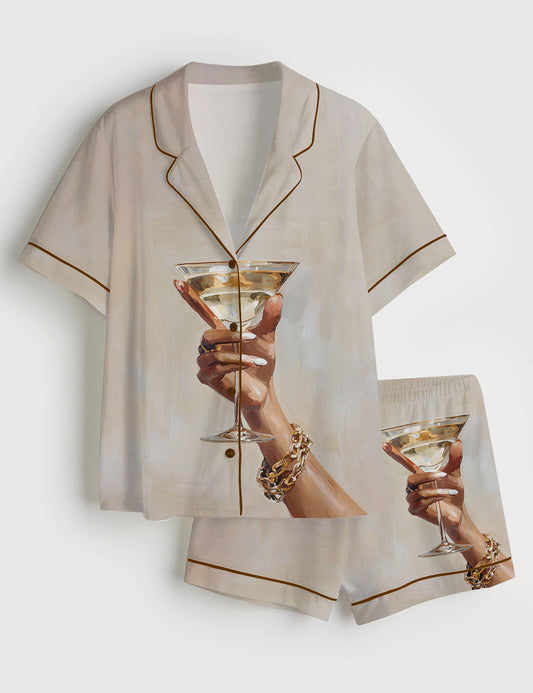 Women’s Chic Martini Glass Hand Holding Cocktail Modern Champagne Short Sleeve Satin Pajama Set