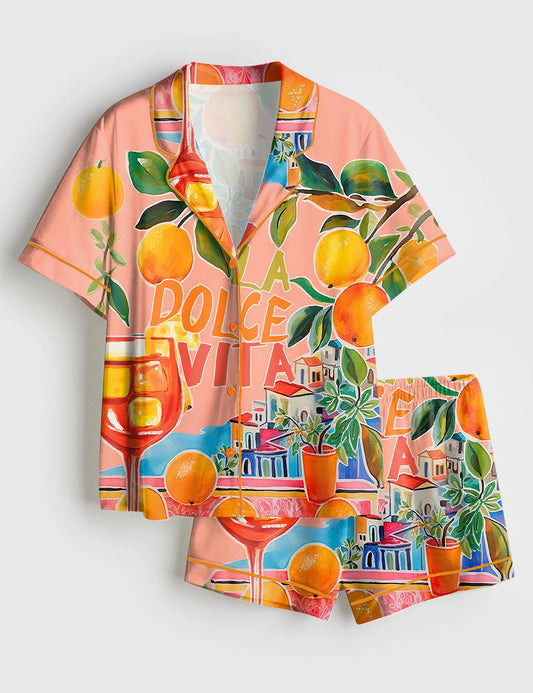 Women’s Whimsical La Dolce Vita Italy Painted Retro Watercolor Italian Oranges Wall Art Print Short Sleeve Satin Pajama Set