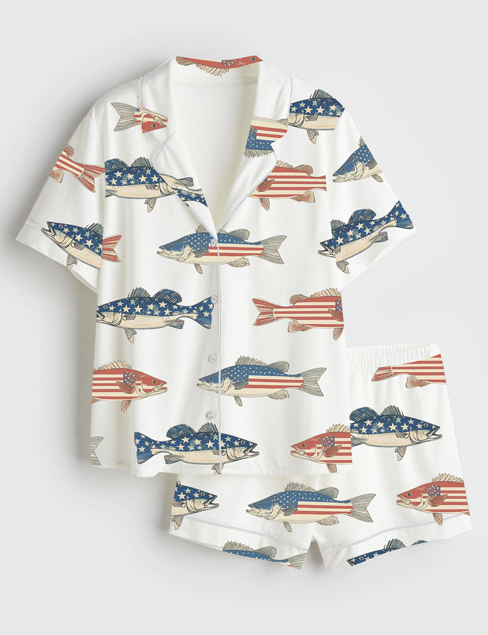 Women’s Patriotic Bass Fishing 4th Of July American Flag Independence Day Short Sleeve Satin Pajama Set