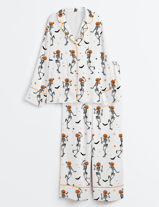 Women’s Dancing Skeleton Pumpkin Retro Halloween Long Sleeve Satin Pajama Set