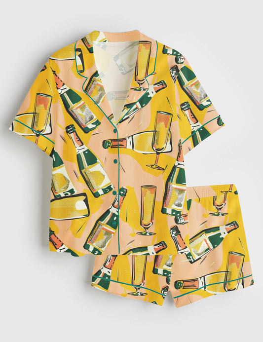 Women's Colorful Champagne Glasses Abstract Short Sleeve Satin Pajama Set