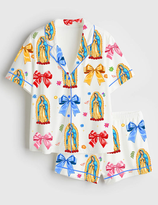 Women’s Our Lady Of Guadalupe Religious Latina Catholic Guadalupe Coquette Bow Short Sleeve Satin Pajama Set