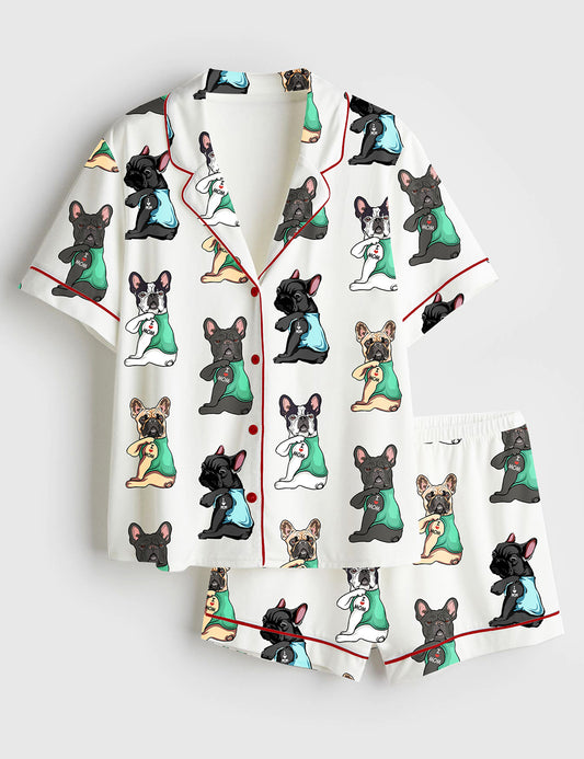 Women’s French Bulldog I Love Mom Frenchie Mom Cute Frenchie Bulldog Print Short Sleeve Satin Pajama Set