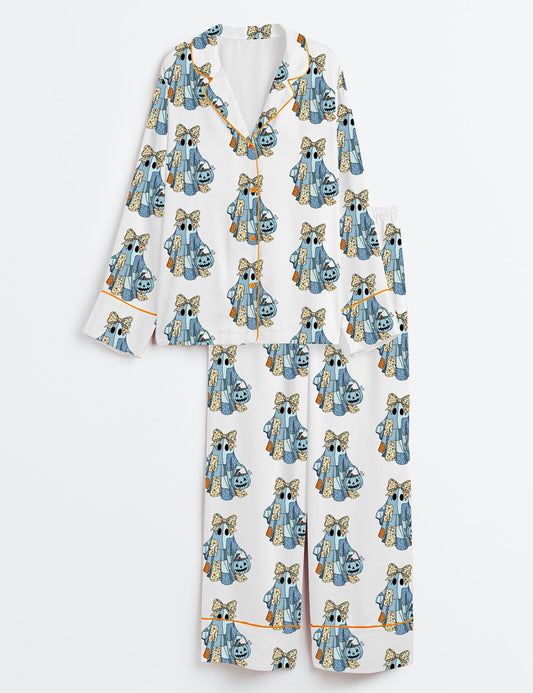 Women’s Retro Halloween Blue Denim Ghost Trendy Patchwork Spooky Ghost Long Sleeve Satin Pajama Set