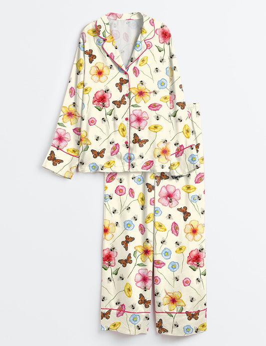 Women’s The Butterflies And Bees Long Sleeve Satin Pajama Set