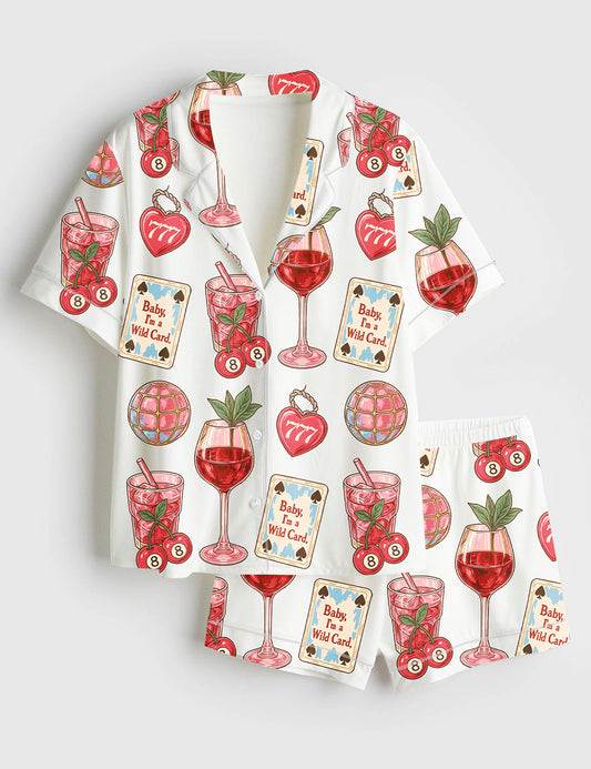 Women’s Western Wild Card Cherry Retro Coquette Western Collage Trendy Western Print Short Sleeve Satin Pajama Set