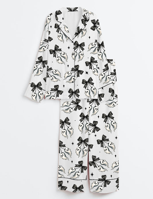 Women’s Halloween Spooky Black Lace Bow With Floating Ghosts And Stars Long Sleeve Satin Pajama Set