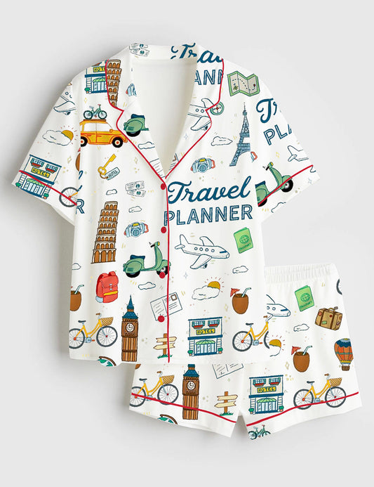 Women's Travel Planner Short Sleeve Satin Pajama Set