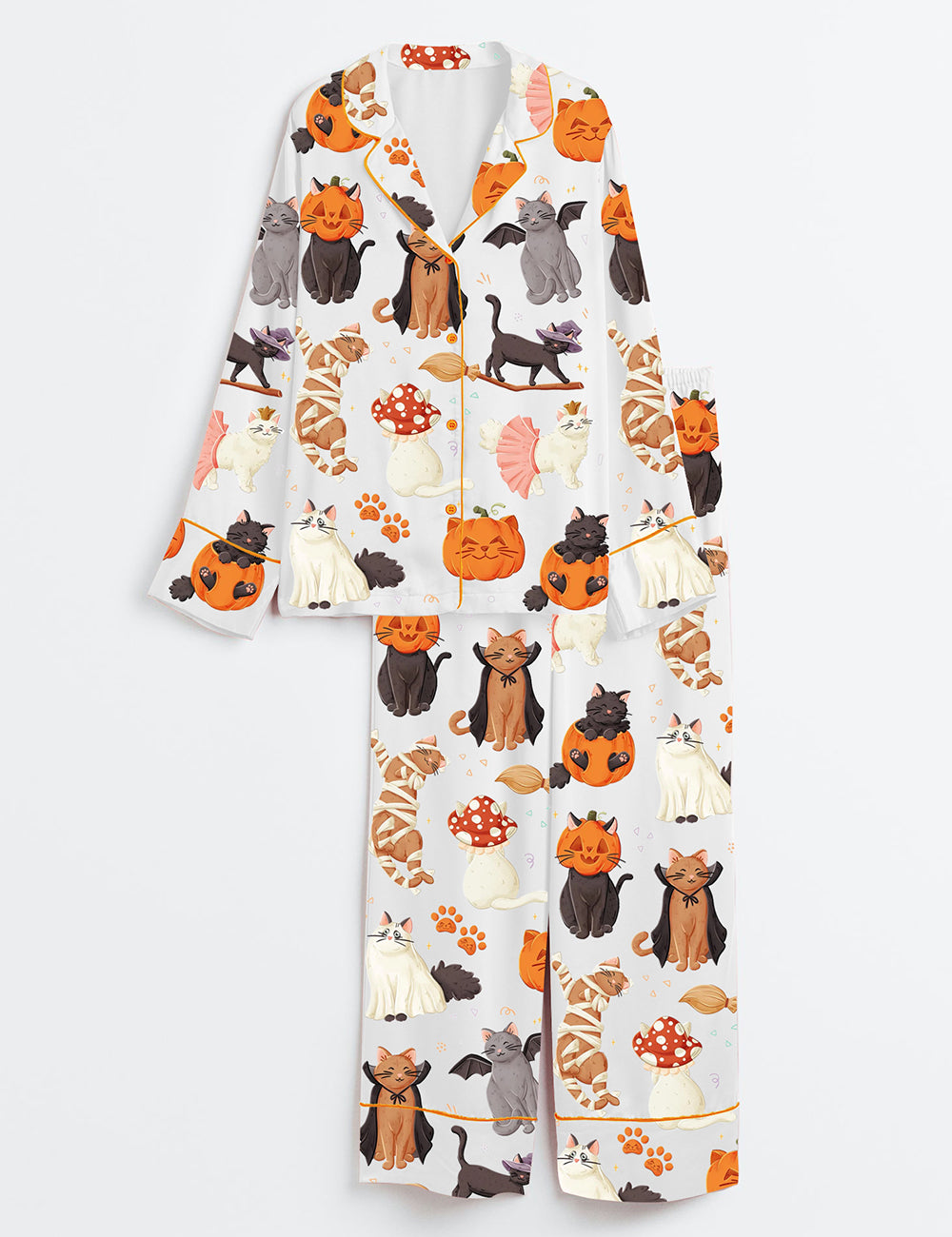 Women’s Sheet Halloween Cats Long Sleeve Satin Pajama Set