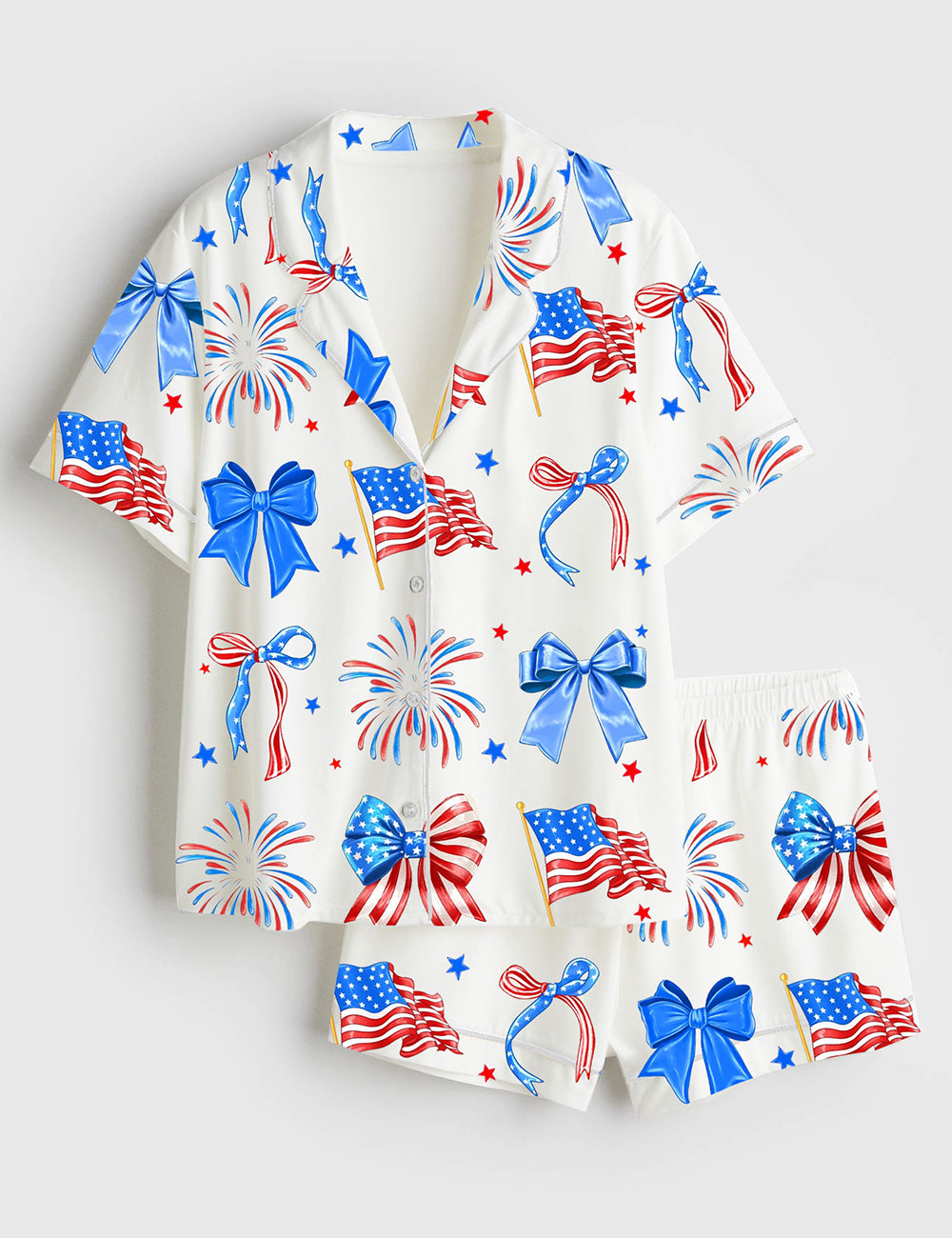 Women’s 4th Of July Coquette Bow USA Flag Red And White Blue Coquette Short Sleeve Satin Pajama Set