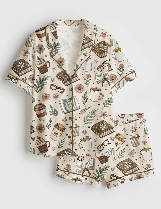 Women’s Beige Coffee And Books Reading Lover Girly Bookish Print Short Sleeve Satin Pajama Set