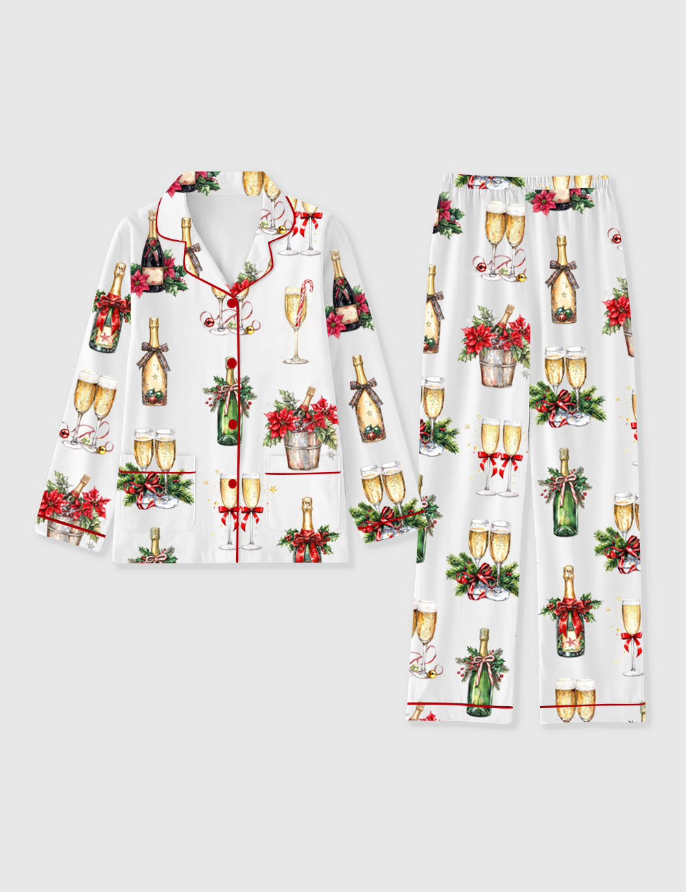 Women's Christmas Champagne New Year Long Sleeve Pocket Cotton Pajama Set