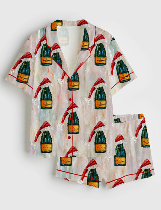 Women’s All I Want For Christmas Is Veuve Christmas Champagne Short Sleeve Satin Pajama Set