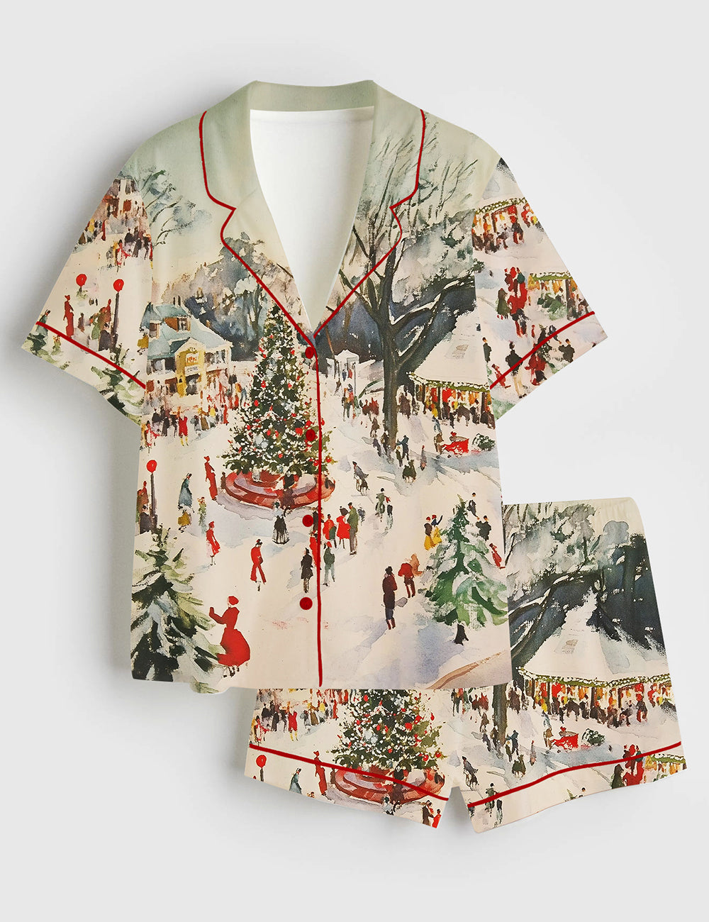 Women’s Winter Town Square Art Print Festive Christmas Scene Short Sleeve Satin Pajama Set