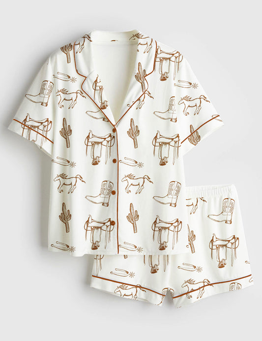 Women's Country And Western Short Sleeve Satin Pajama Set